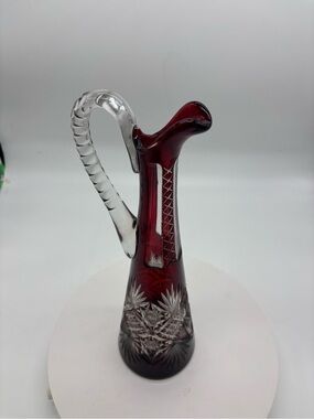 Elegant Vintage Czech Ruby Red Cut To Clear Crystal Pitcher